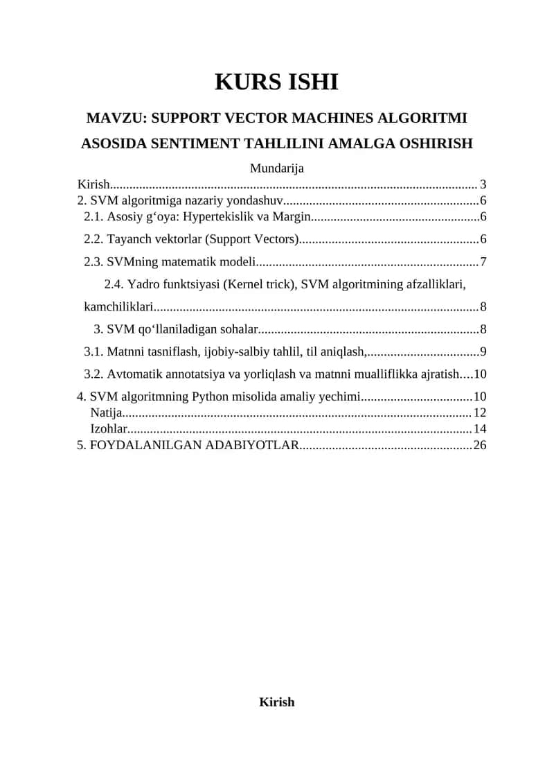 SUPPORT VECTOR MACHINES ALGORITMI ASOSIDA SENTIMENT TAHLILINI AMALGA OSHIRISH 1
