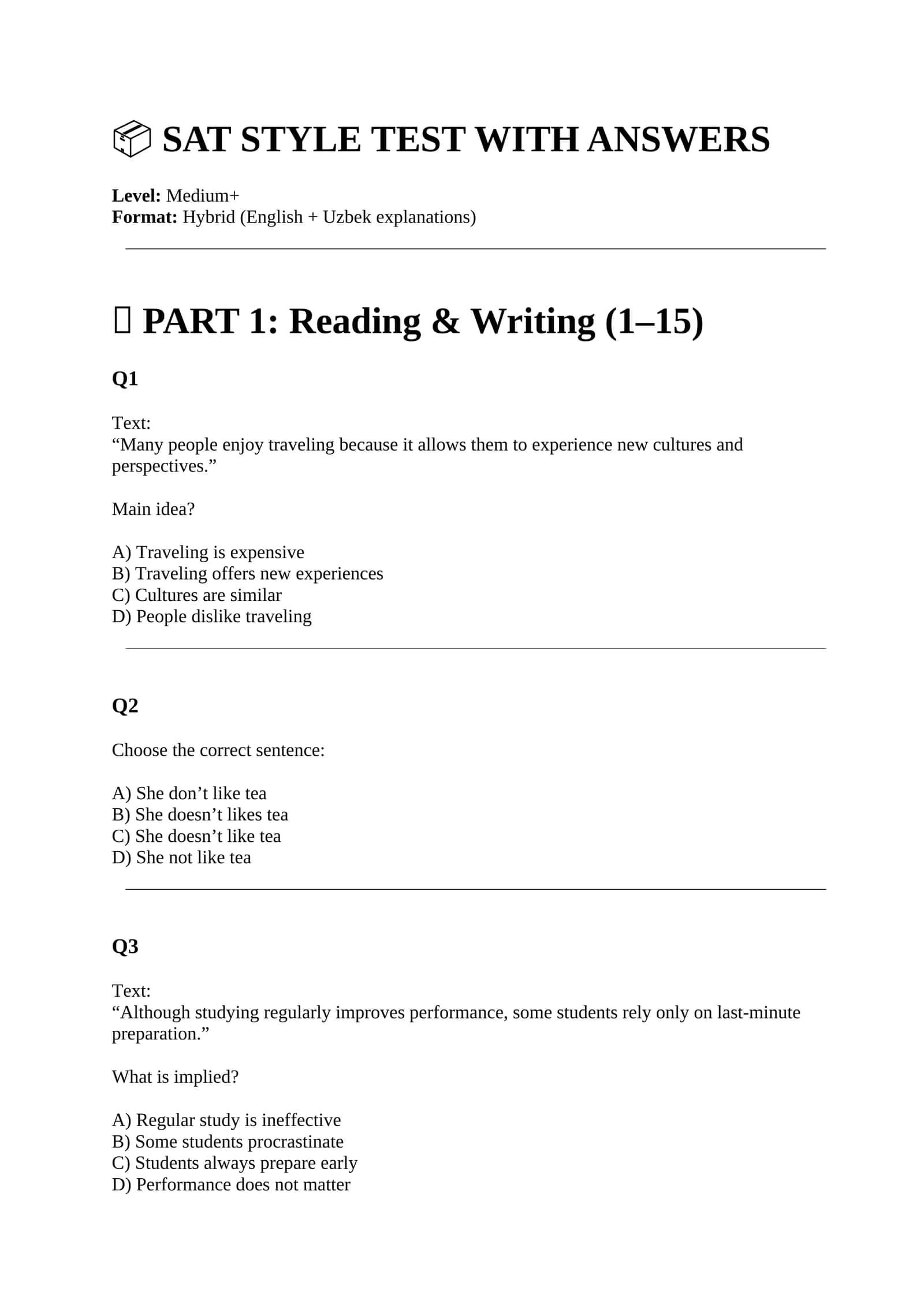 SAT STYLE TEST WITH ANSWERS 1