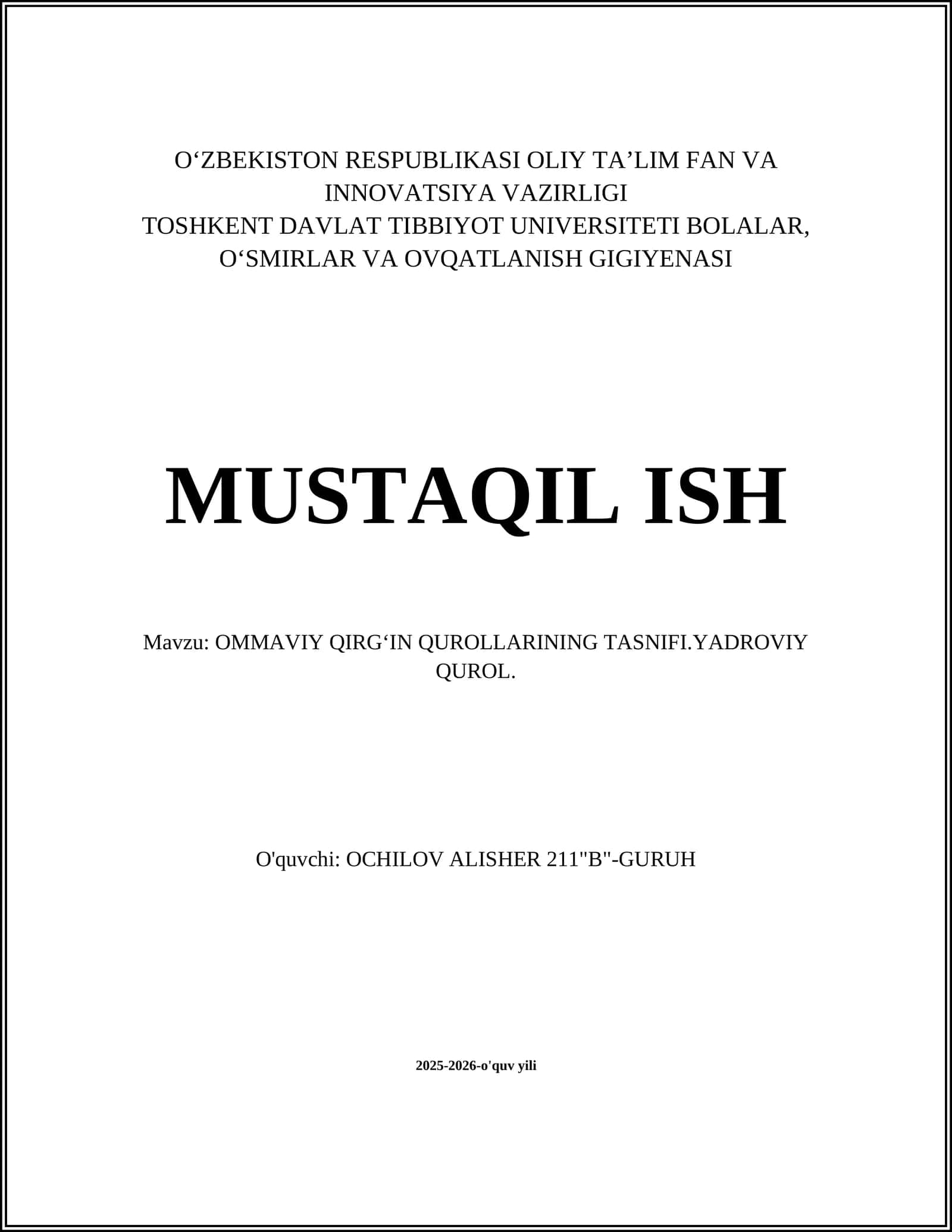 OMMAVIY QIRG‘IN QUROLLARINING TASNIFI.YADROVIY QUROL 1