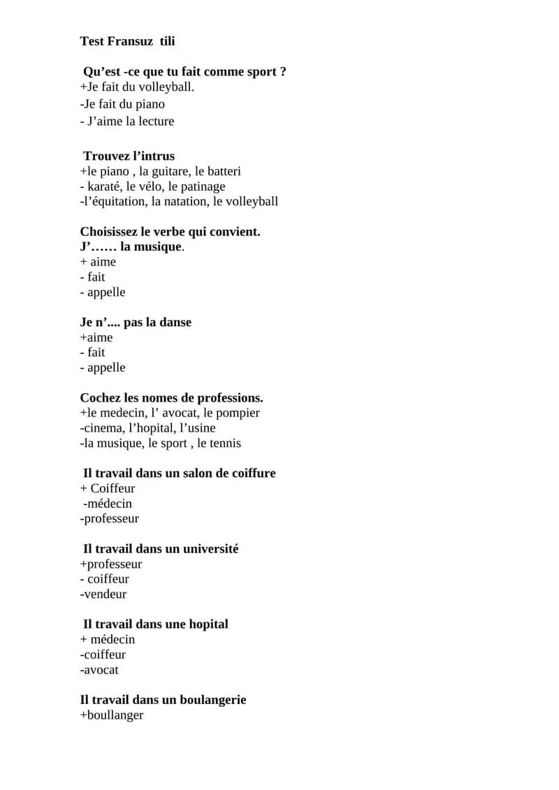 Test Fransuz tili 1