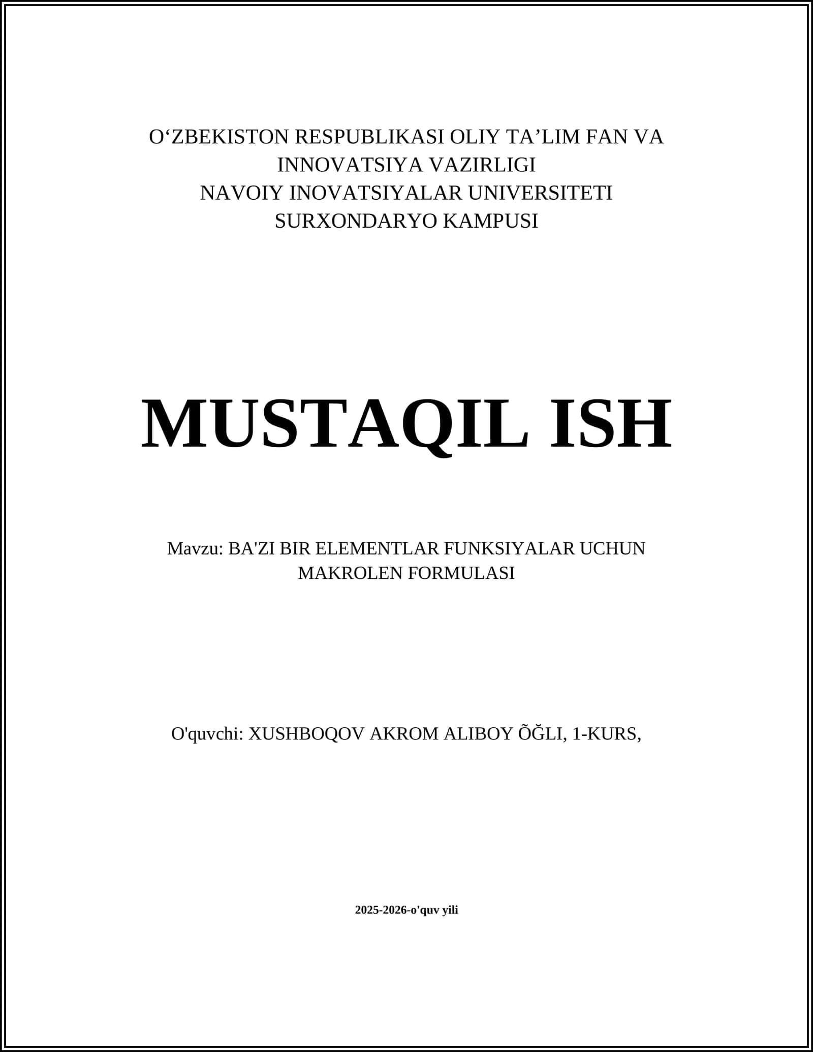 BA'ZI BIR ELEMENTLAR FUNKSIYALAR UCHUN MAKROLEN FORMULASI 1