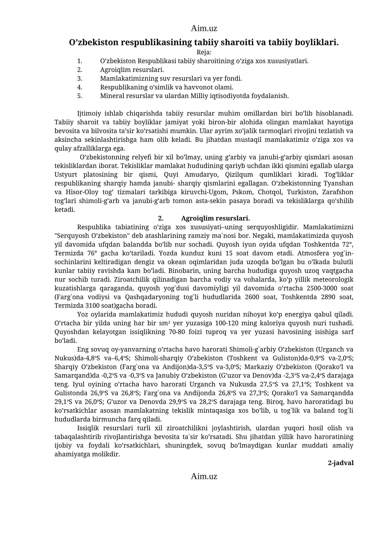 O'zbekiston Respublikasining tabiiy sharoiti va tabiiy boyliklari 1