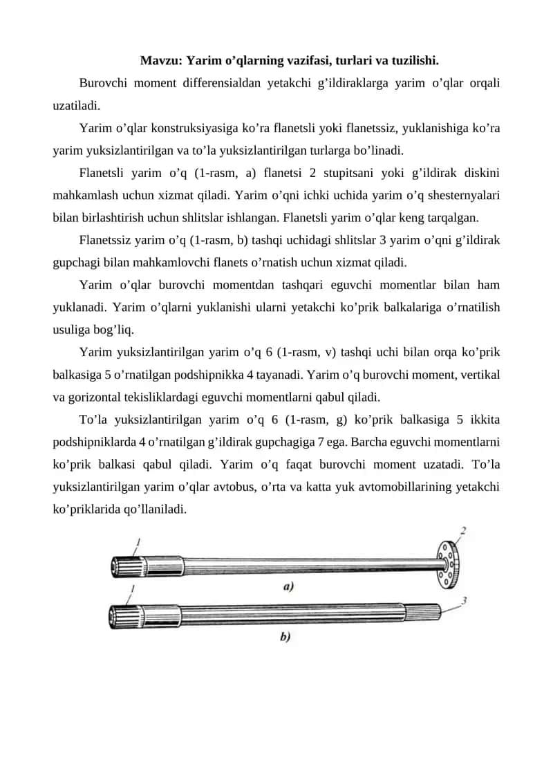 Yarim o’qlarning vazifasi, turlari va tuzilishi. 1