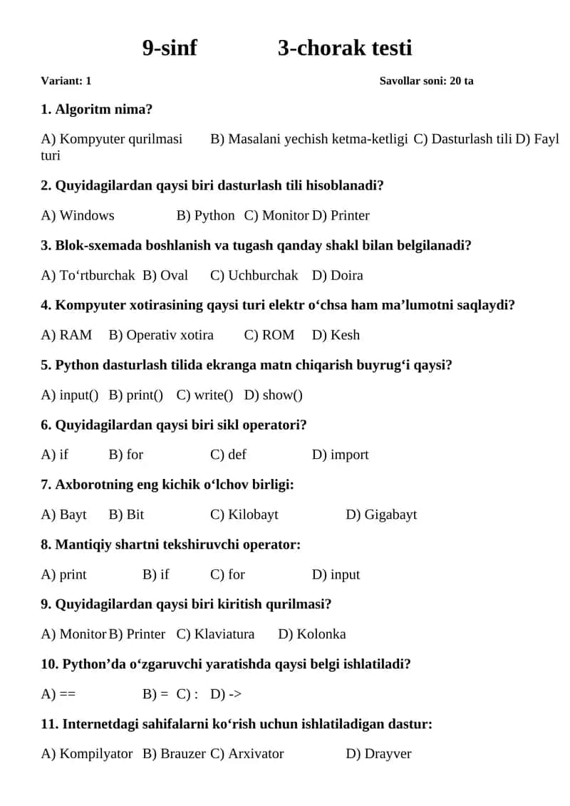 9-sinf 3-chorak testi 1
