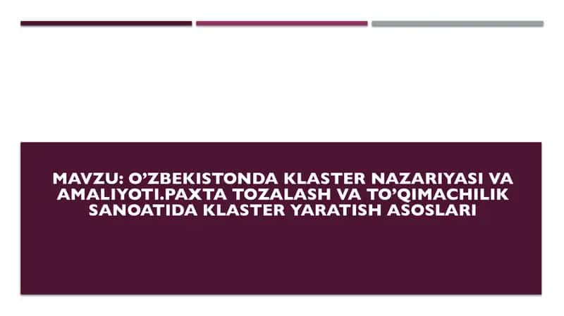 O’zbekistonda klaster nazariyasi va amaliyoti. Paxta tozalash va to’qimachilik sanoatida klaster 1