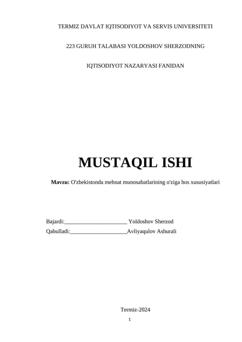 O'zbekistonda mehnat munosabatlarining o'ziga hos xususiyatlari 1