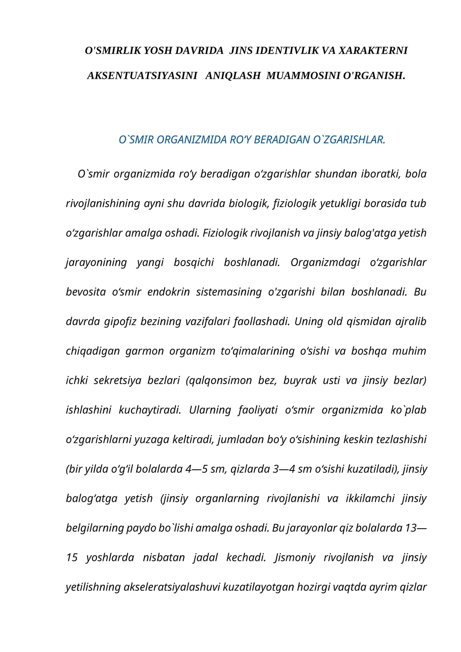 O'SMIRLIK YOSH DAVRIDA JINS IDENTIVLIK VA XARAKTERNI AKSENTUATSIYASINI ANIQLASH MUAMMOSINI O'RGANISH 1
