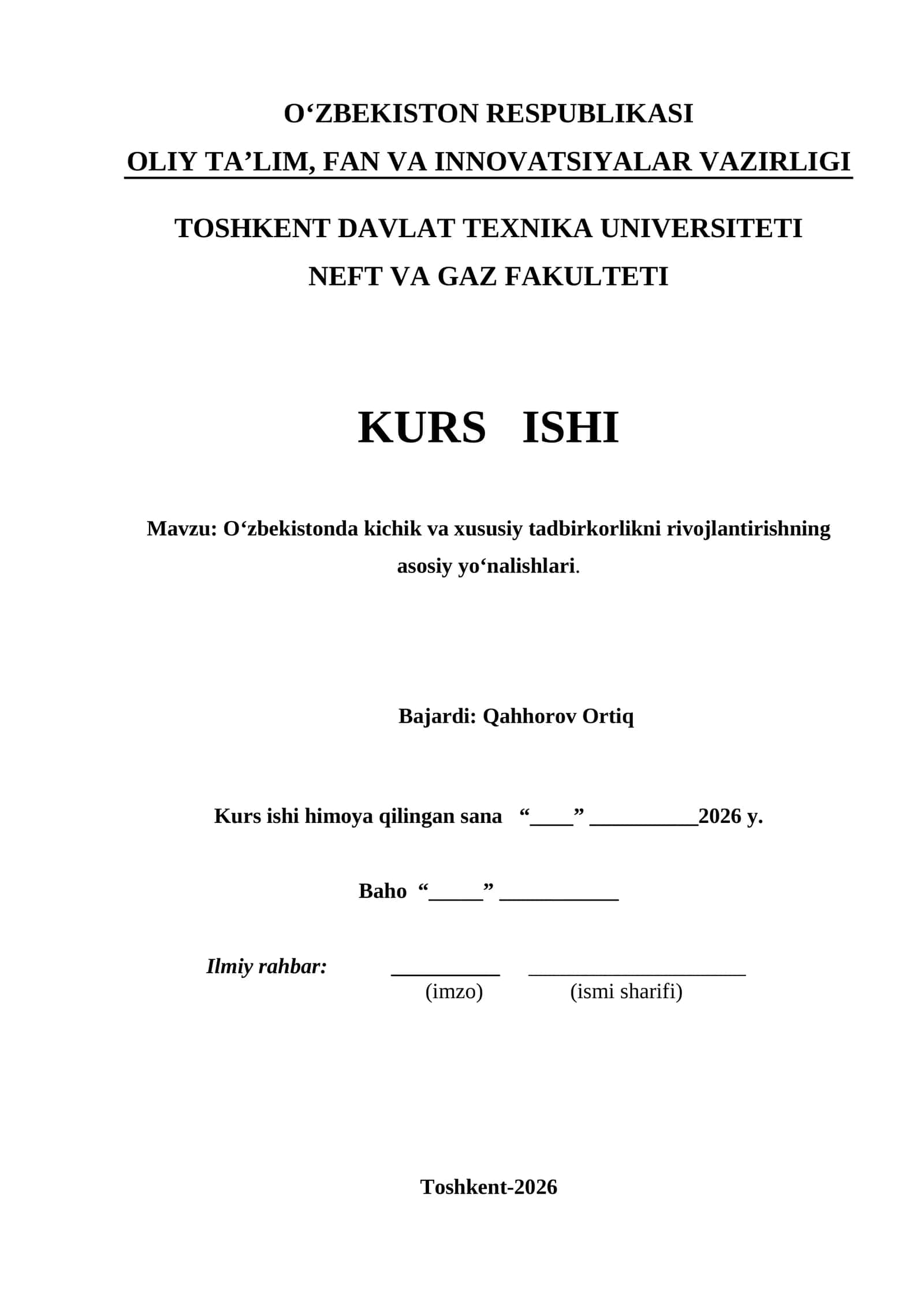 O‘zbekistonda kichik va xususiy tadbirkorlikni rivojlantirishning asosiy yo‘nalishlari. 1