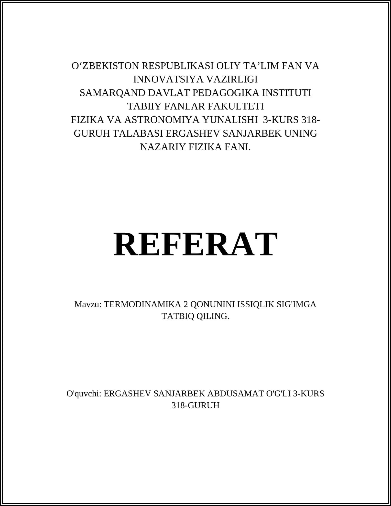 TERMODINAMIKA 2 QONUNINI ISSIQLIK SIG'IMGA TATBIQ QILING 1