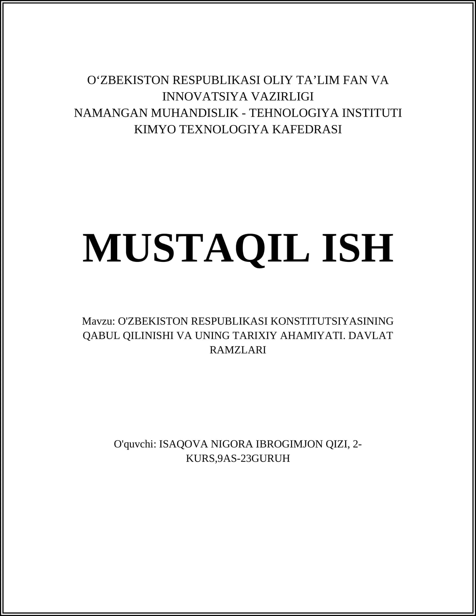 Oʻzbekiston Respublikasi Konstitutsiyasining qabul qilinishi va uning tarixiy ahamiyati 1