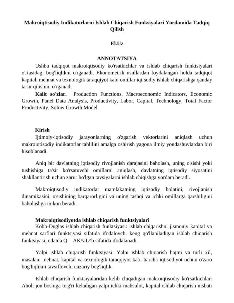 Makroiqtisodiy Indikatorlarni Ishlab Chiqarish Funksiyalari Yordamida Tadqiq Qilish 1