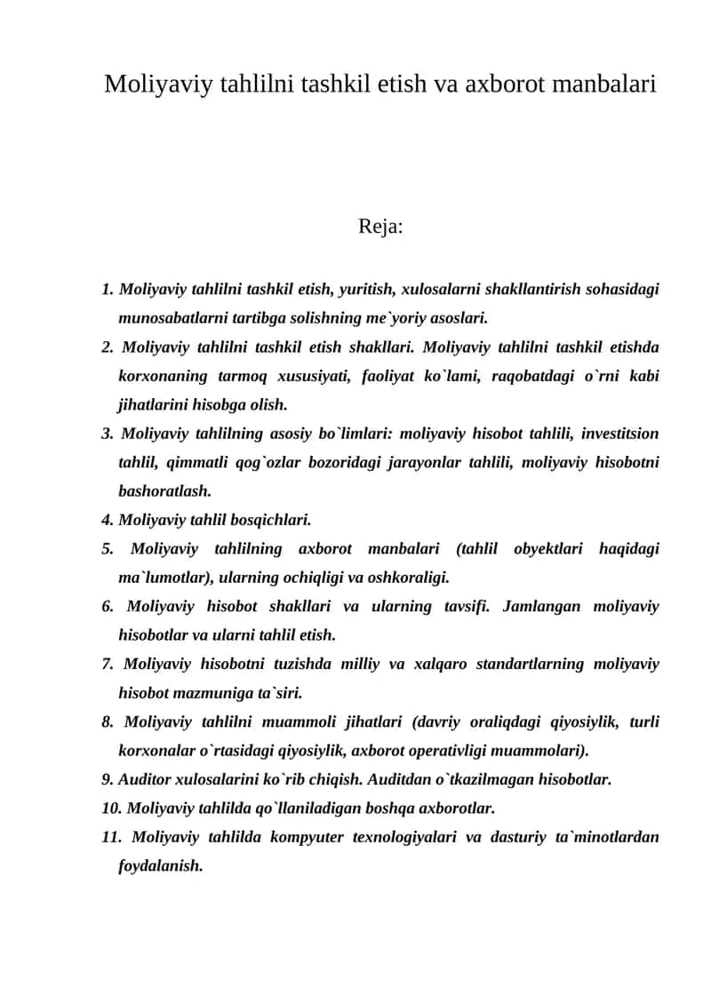 Moliyaviy tahlilni tashkil etish va axborot manbalari 1