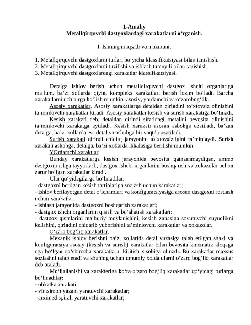 Metallqirquvchi dastgoxlardagi xarakatlar 1