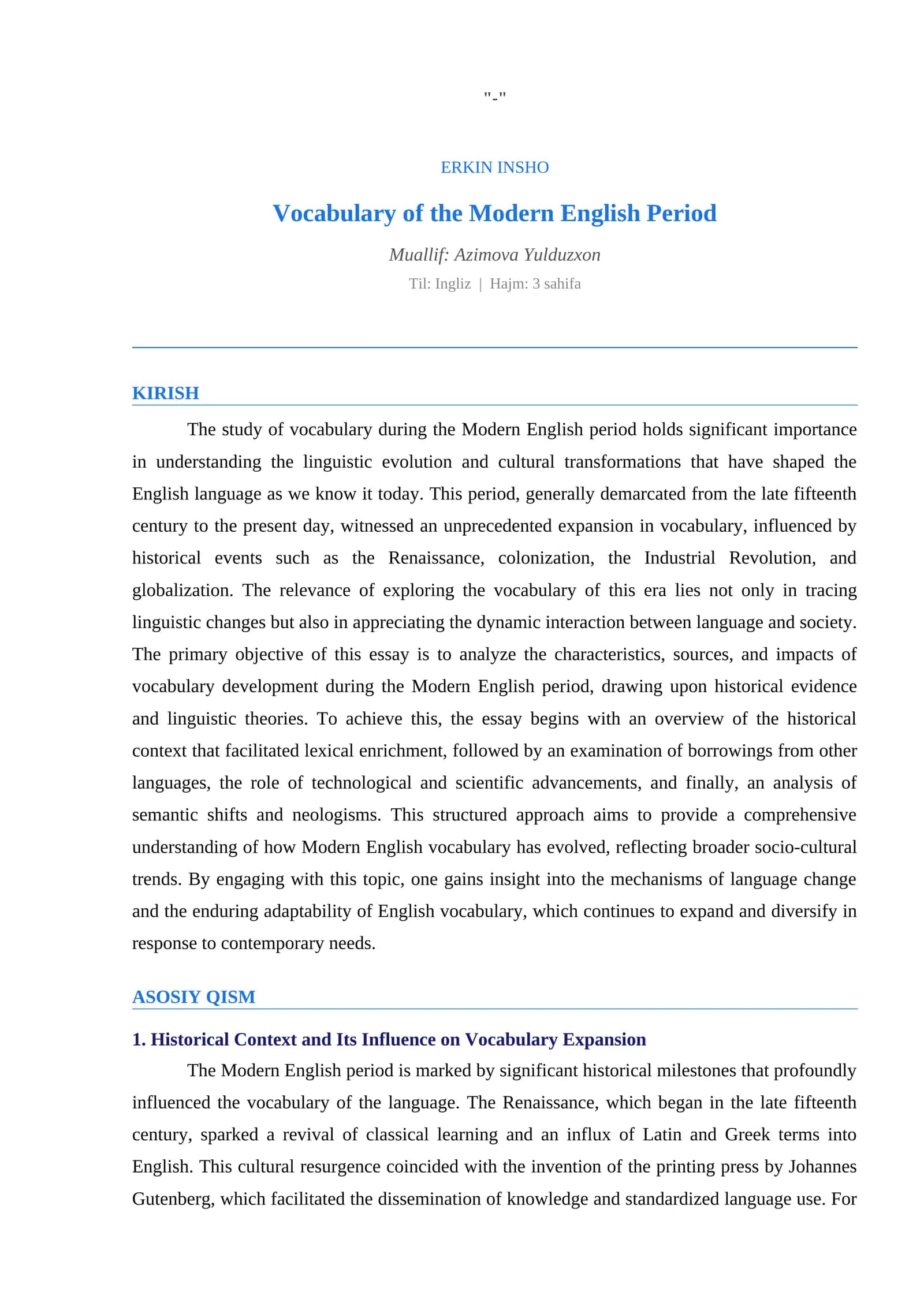 Vocabulary of the Modern English Period 1