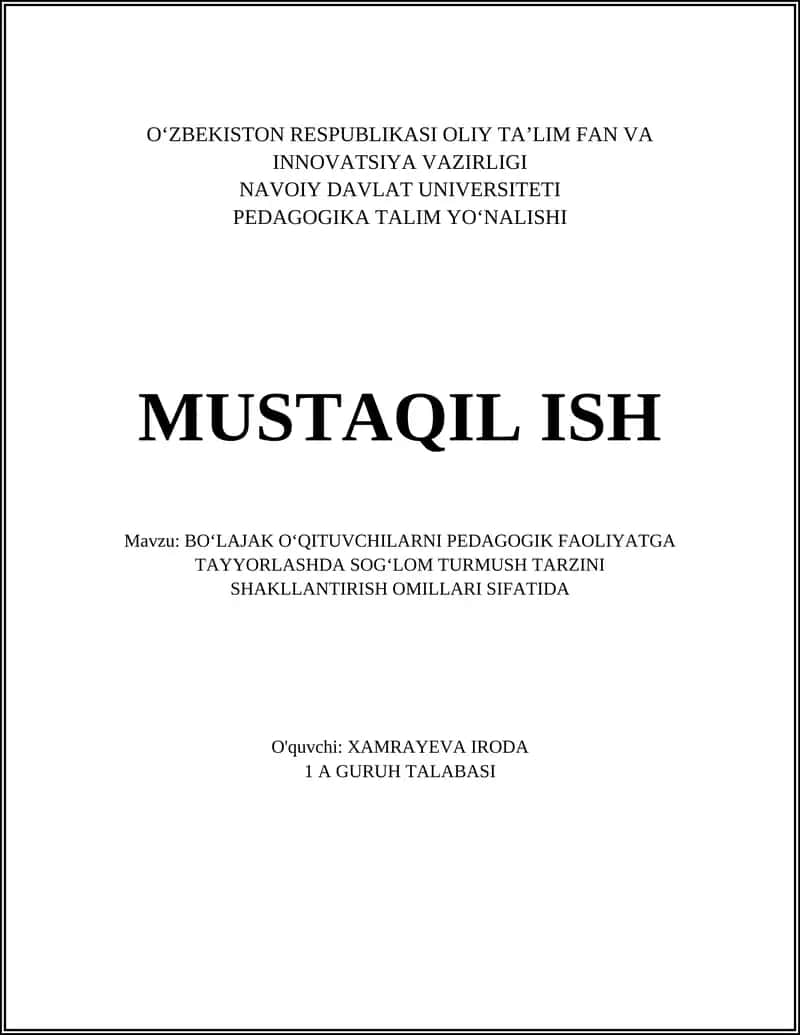 BOʻLAJAK OʻQITUVCHILARNI PEDAGOGIK FAOLIYATGA TAYYORLASHDA SOGʻLOM TURMUSH TARZINI SHAKLLANTIRISH OMILLARI SIFATIDA 1
