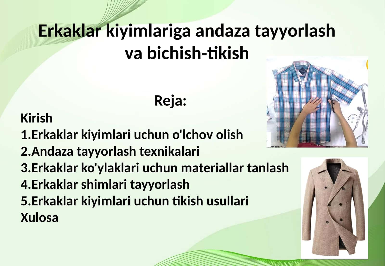 Erkaklar kiyimlariga andaza tayyorlash va bichish-tikish 1