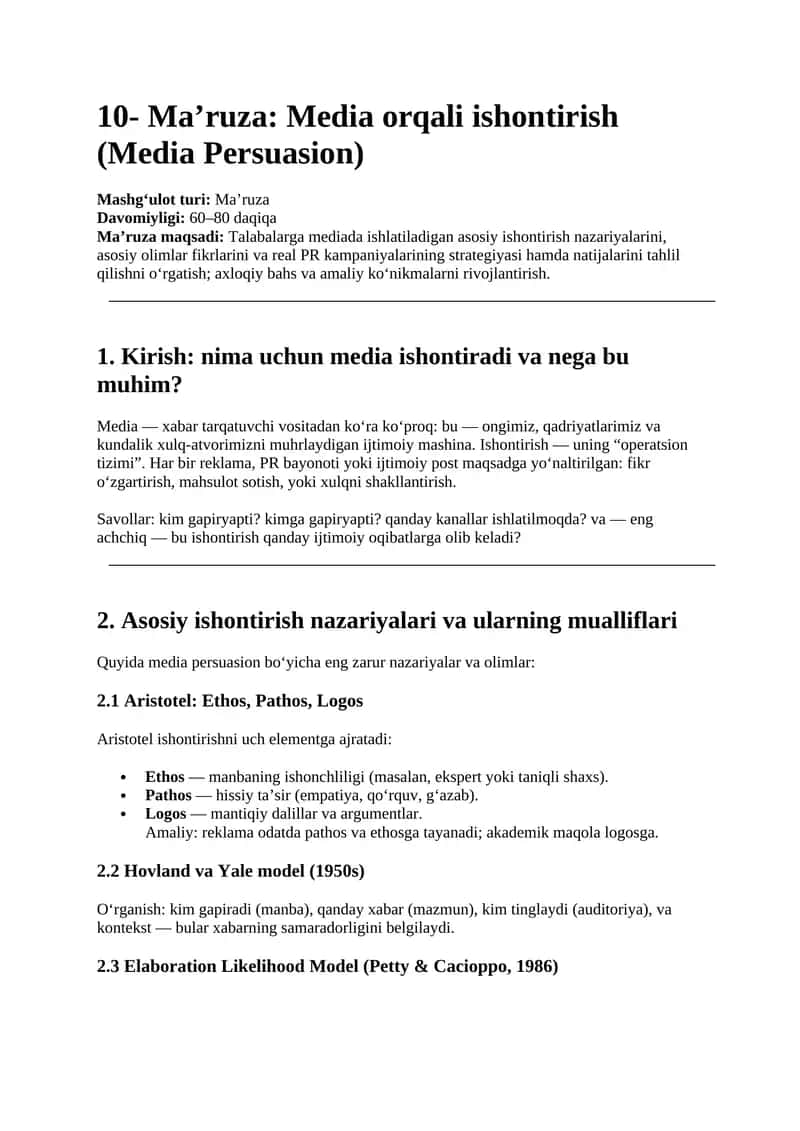 Ma’ruza: Media orqali ishontirish (Media Persuasion) 1