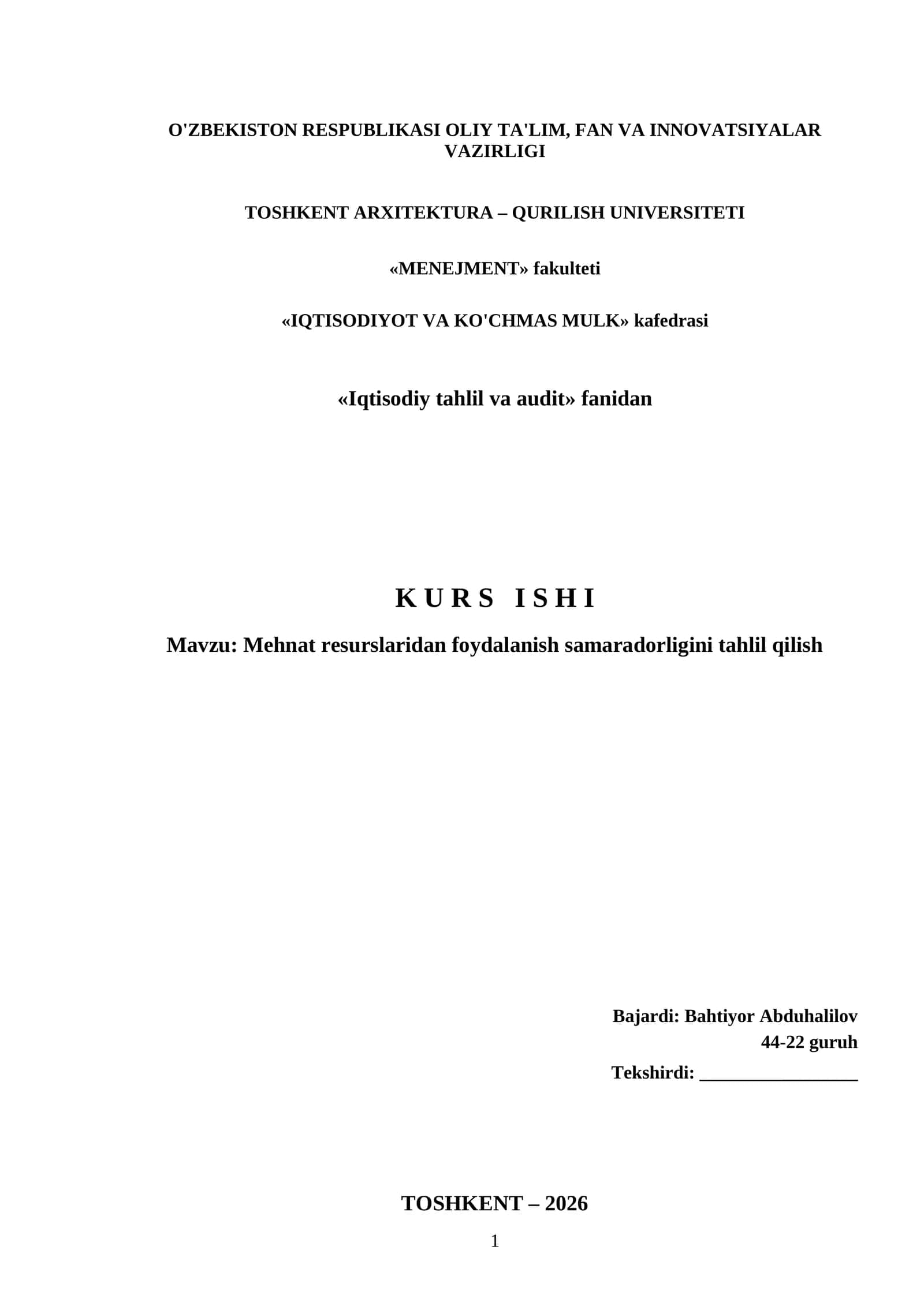 Mehnat resurslaridan foydalanish samaradorligini tahlil qilish 1