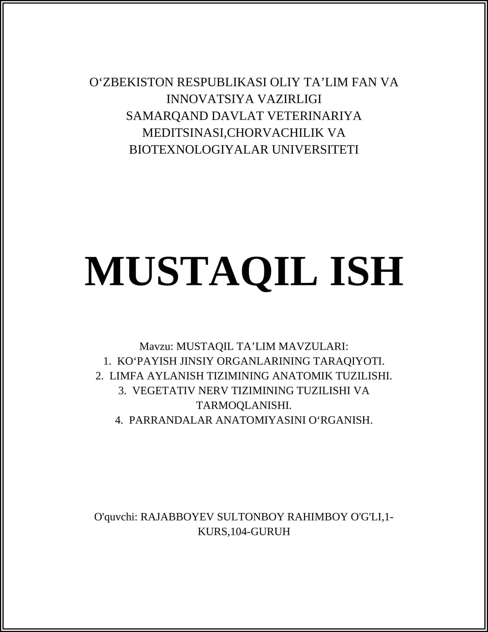 MUSTAQIL TA’LIM MAVZULARI: 1