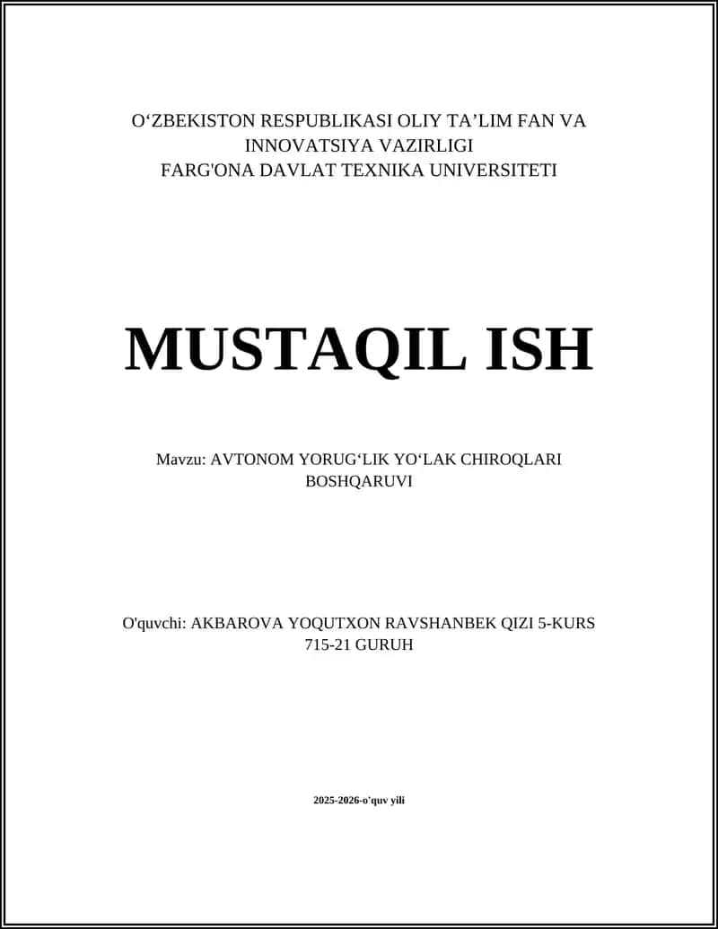 Avtonom Yorug‘lik Yo‘lak Chiroqlari Boshqarilishi 1