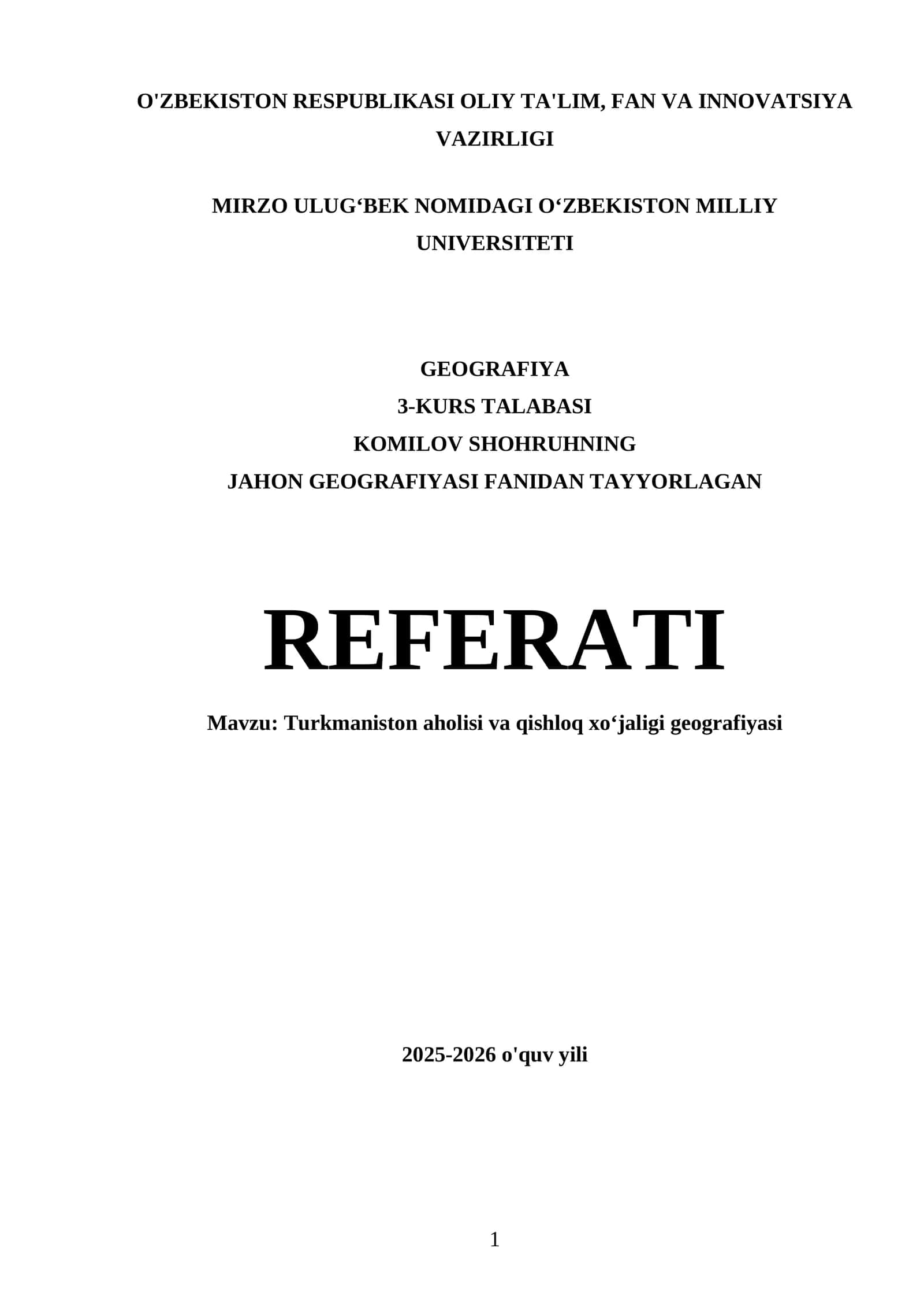 Turkmaniston aholisi va qishloq xoʻjaligi geografiyasi 1