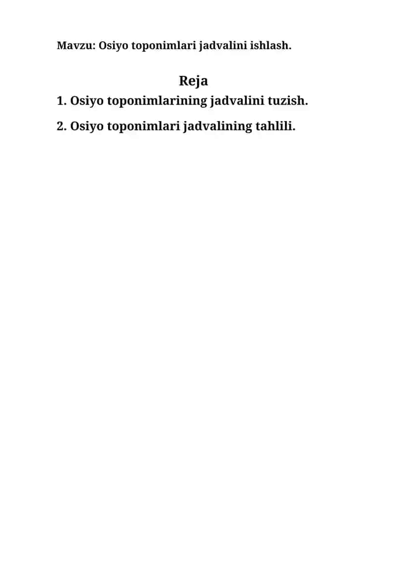 Osiyo toponimlari jadvalini ishlash