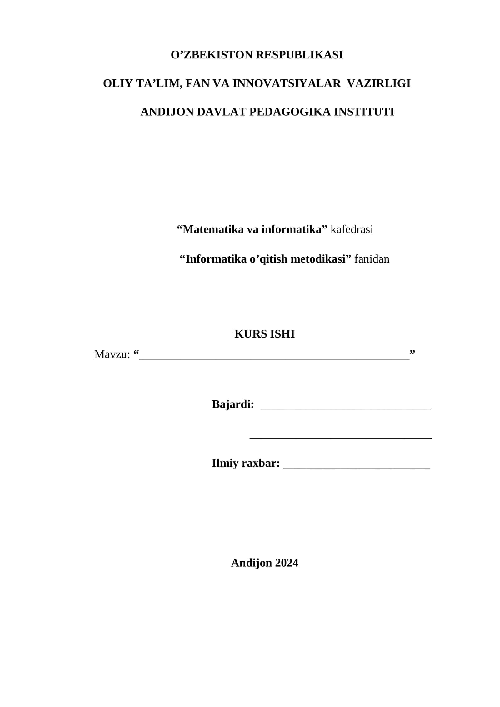 KURS ISHI :"Boshlang‘ich sinflarda informatika faniga tayyorlov kurslarining metodikasi" 1