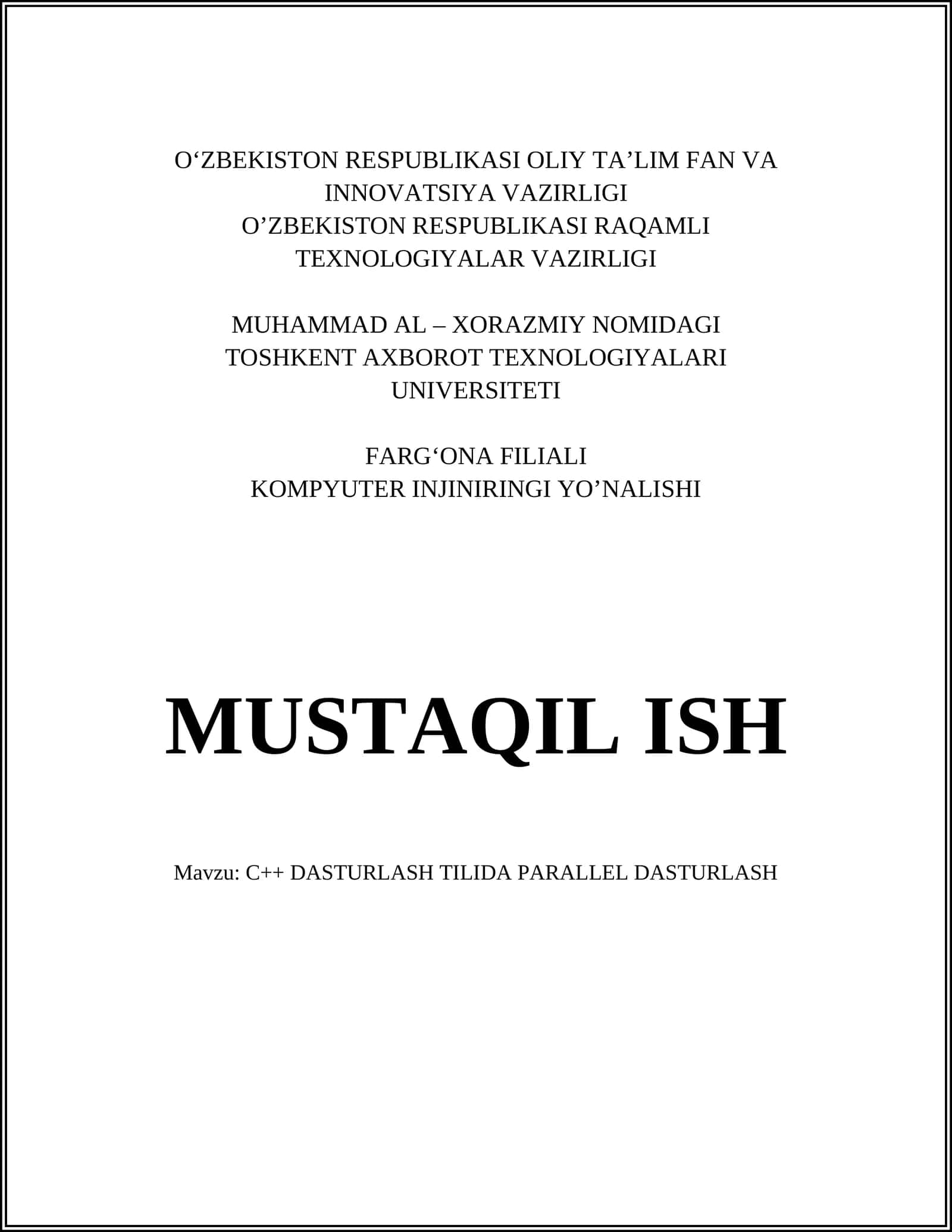 C++ DASTURLASH TILIDA PARALLEL DASTURLASH 1