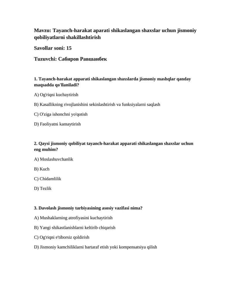 Tayanch-harakat aparati shikaslangan shaxslar uchun jismoniy qobiliyatlarni shakillashtirish 1