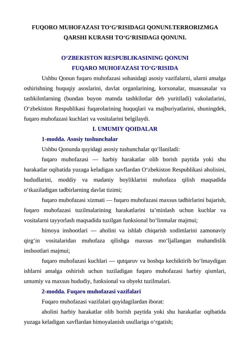 FUQORO MUHOFAZASI TO‘G‘RISIDAGI QONUNI 1