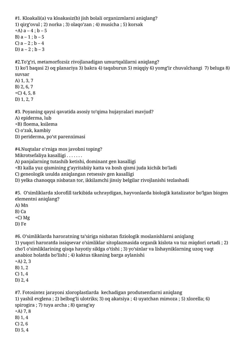 Kloakali(a) va kloakasiz(b) jish bolali organizmlarni aniqlang 1