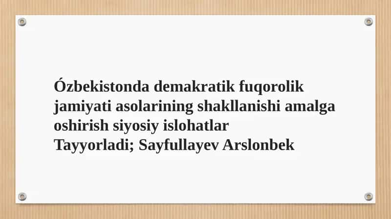 Ózbekistonda demakratik fuqorolik jamiyati asolarining shakllanishi amalga oshirish siyosiy islohatlar 1