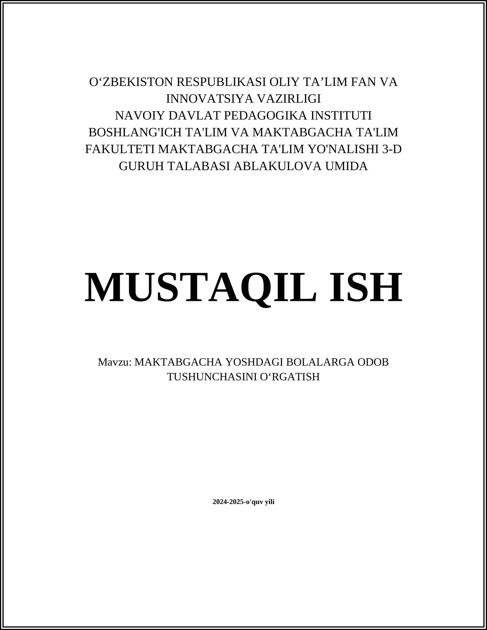 MAKTABGACHA YOSHDAGI BOLALARGA ODOB TUSHUNCHASINI OʻRGATISH 1