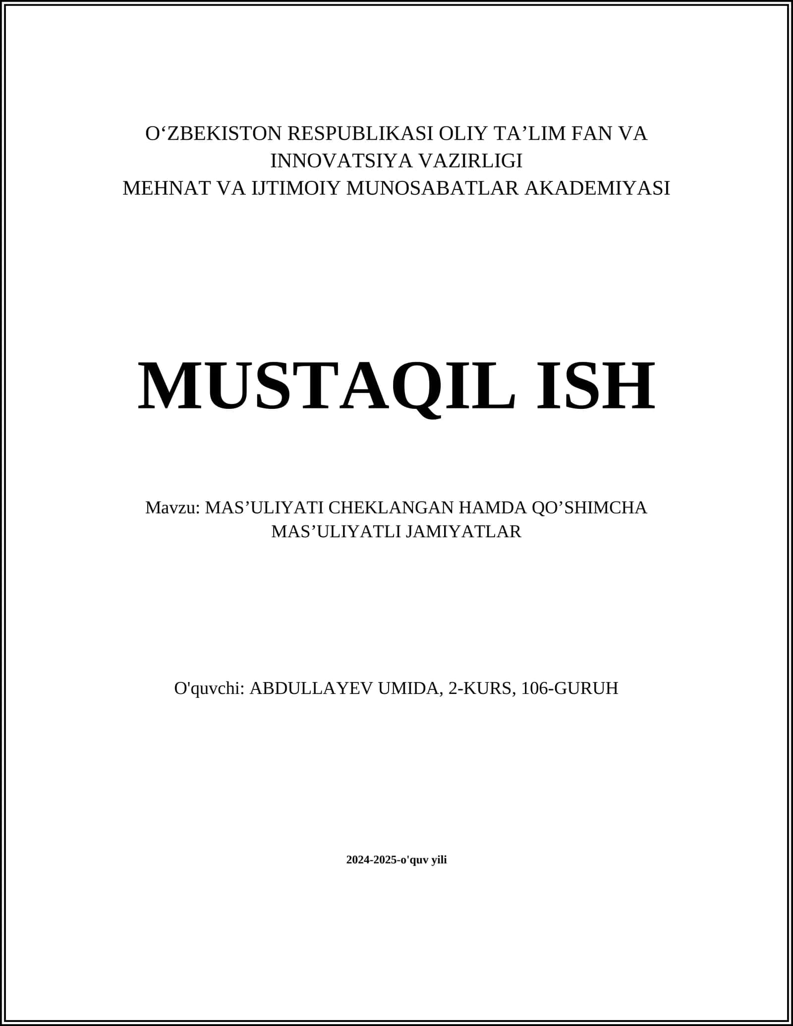 MAS’ULIYATI CHEKLANGAN HAMDA QO’SHIMCHA MAS’ULIYATLI JAMIYATLAR 1