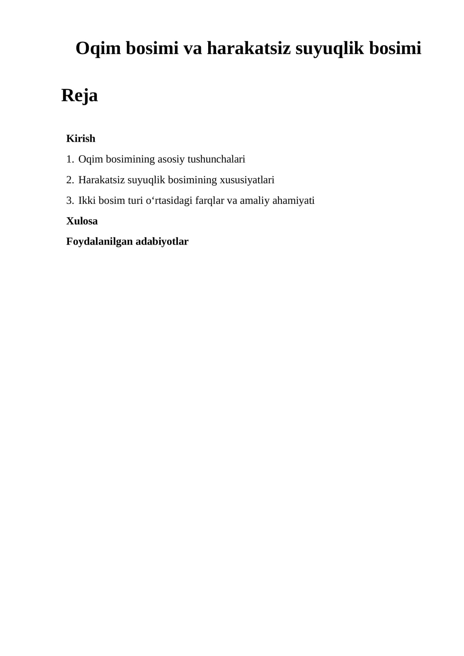 Oqim bosimi va harakatsiz suyuqlik bosimi 1