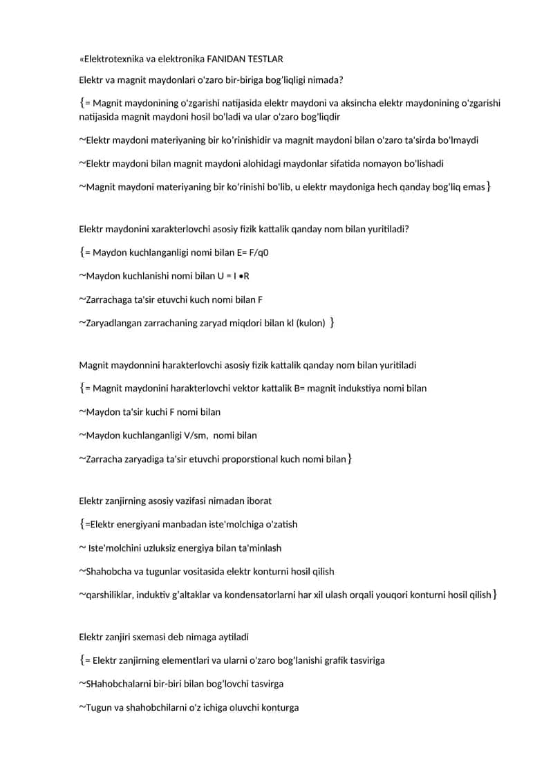 Elеktrotеxnika va elеktronika FANIDAN TESTLAR 1