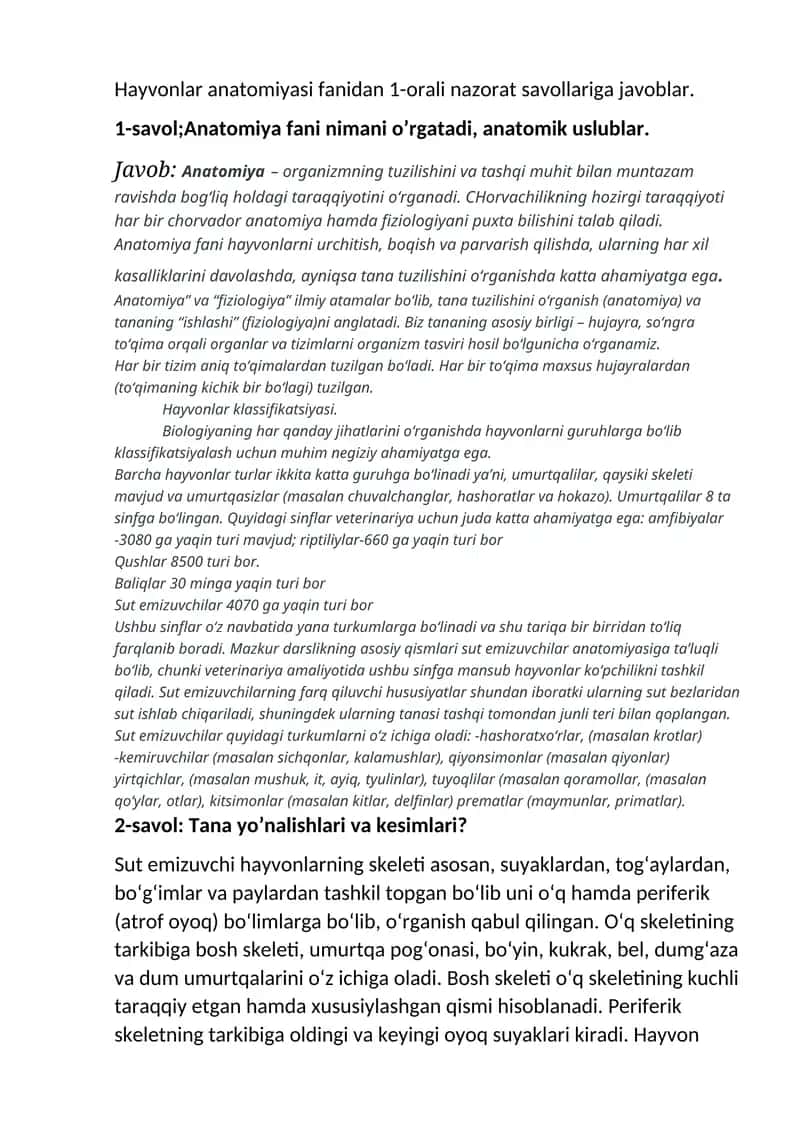 Hayvonlar anatomiyasi fanidan 1-orali nazorat savollariga javoblar 1