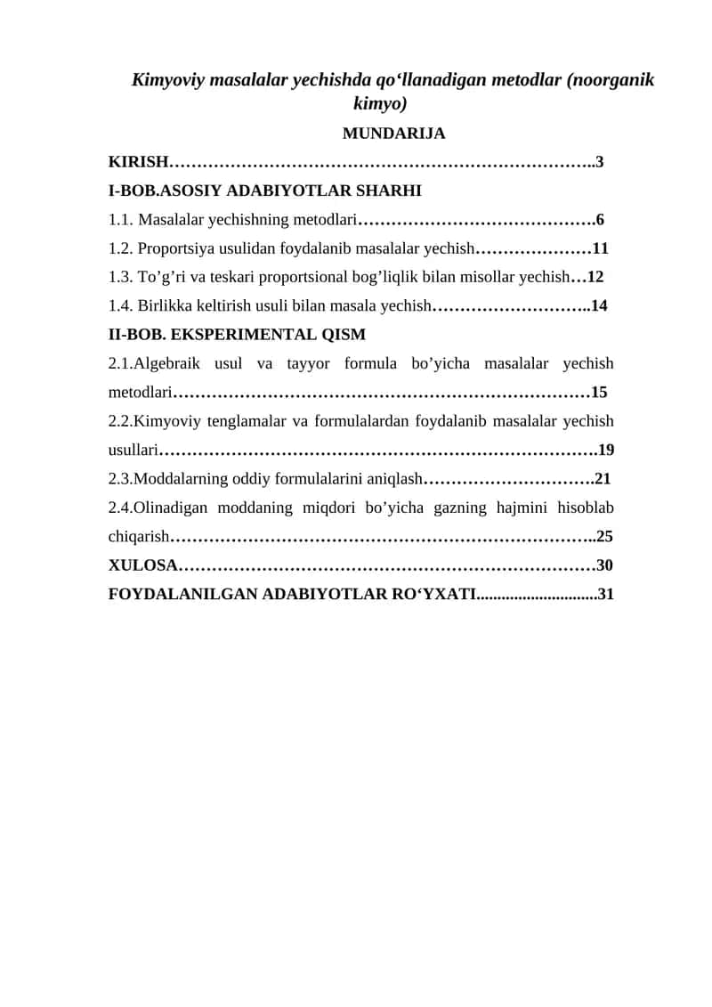 Kimyoviy masalalar yechishda qo‘llanadigan metodlar (noorganik kimyo) 1