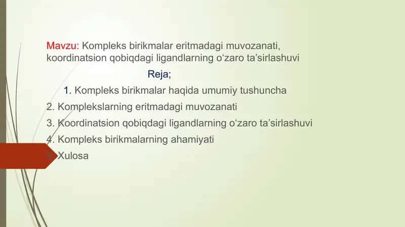 Kompleks birikmalar eritmadagi muvozanati, koordinatsion qobiqdagi ligandlarning o‘zaro ta’sirlashuvi 1