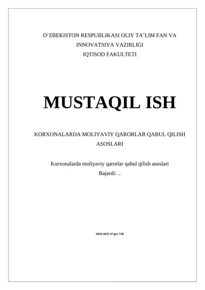 Korxonalarda Moliyaviy Qarorlar Qabul Qilish Asoslari