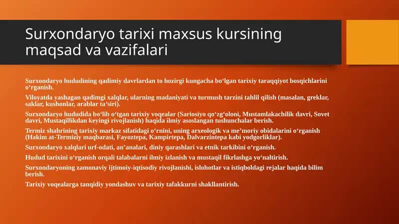 Surxondaryo tarixi maxsus kursining maqsad va vazifalari 1