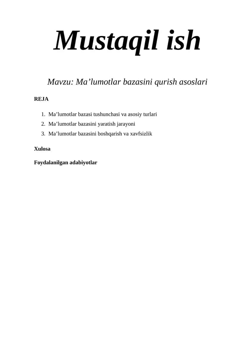 Ma’lumotlar bazasini qurish asoslari 1