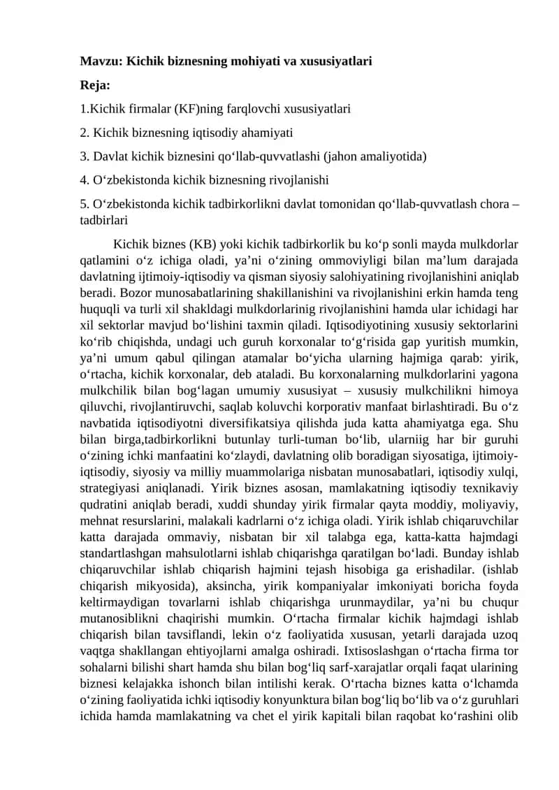 Kichik Biznesning Mohiyati va Xususiyatlari 1