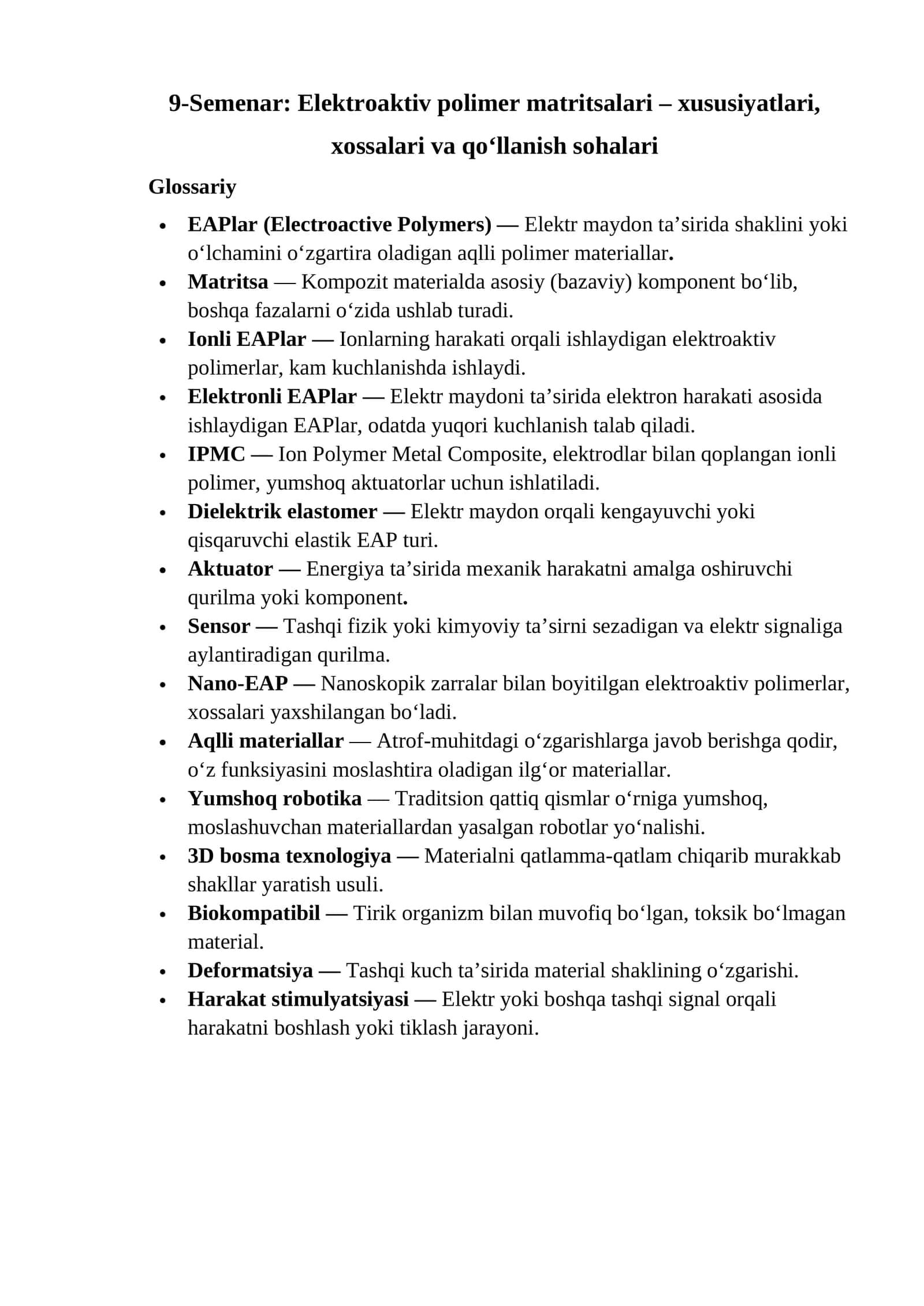 9-Semenar: Elektroaktiv polimer matritsalari – xususiyatlari, xossalari va qo‘llanish sohalari 1