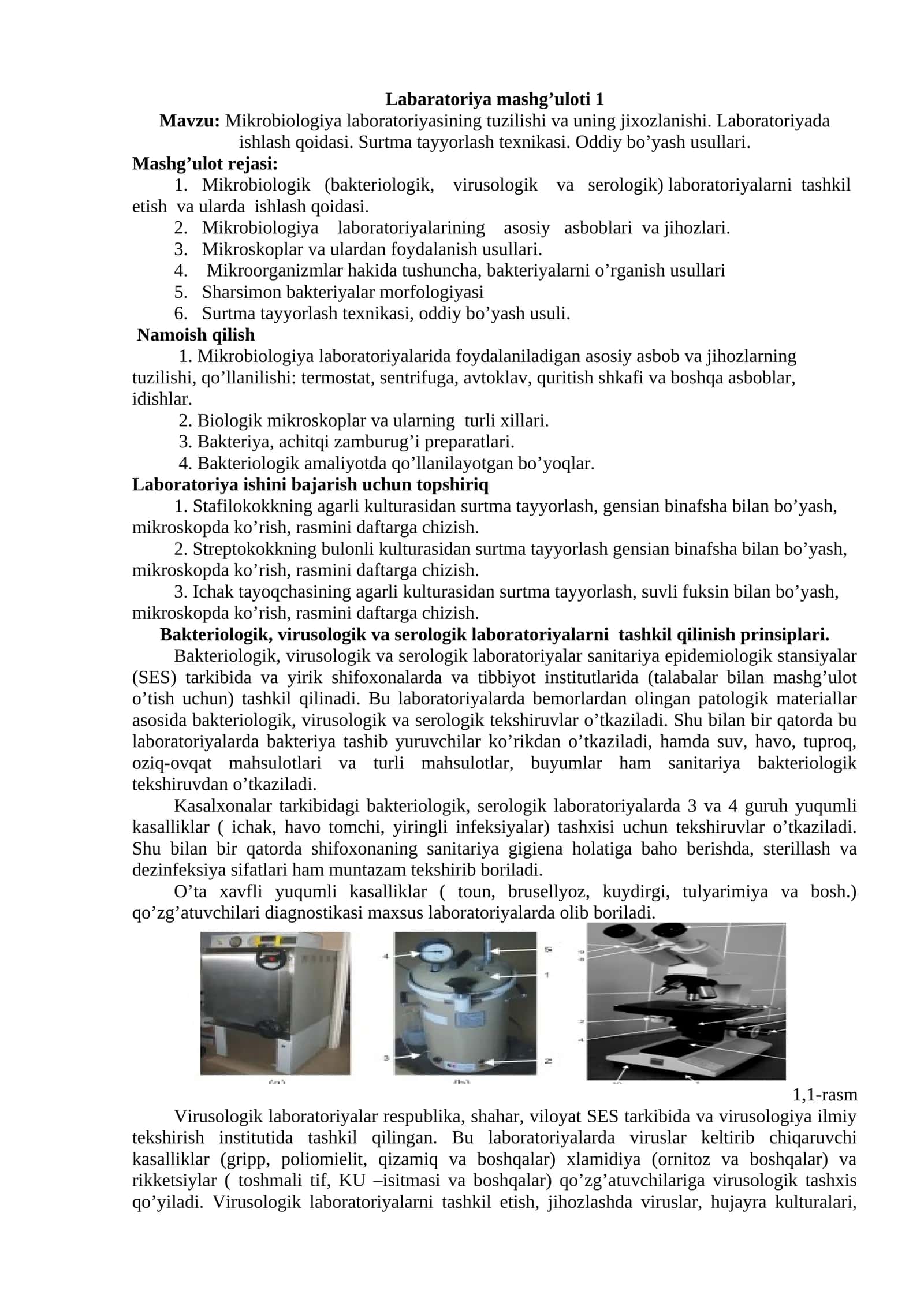 Mikrobiologiya laboratoriyasi mashg'uloti 1