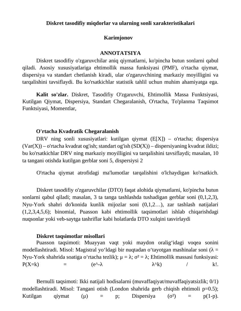Diskret tasodifiy miqdorlar va ularning sonli xarakteristikalari 1