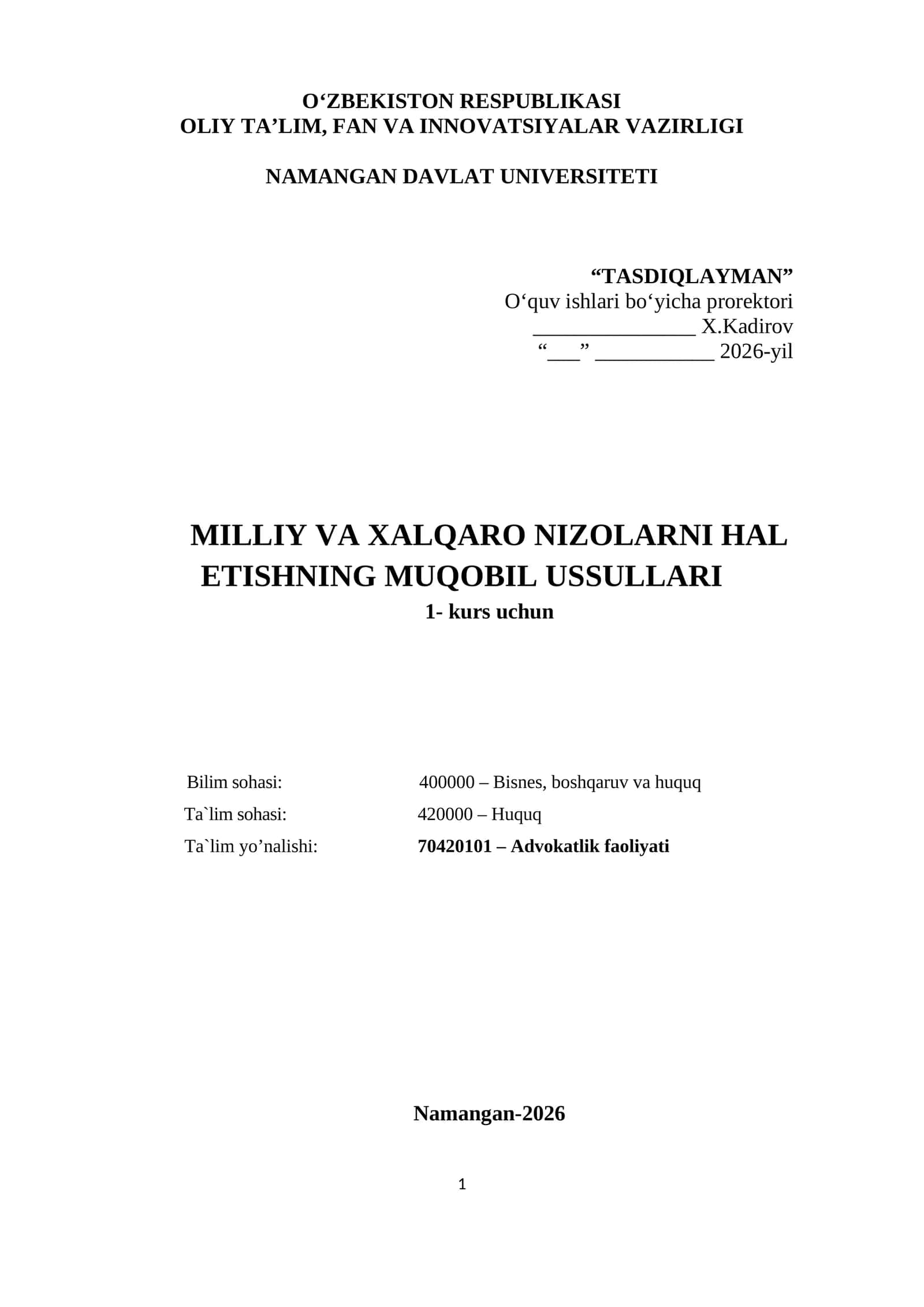 MILLIY VA XALQARO NIZOLARNI HAL ETISHNING MUQOBIL USSULLARI 1
