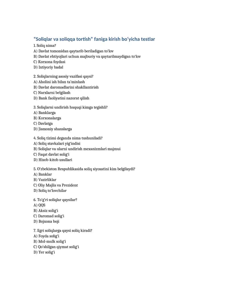 Soliqlar va soliqqa tortish testlar 1