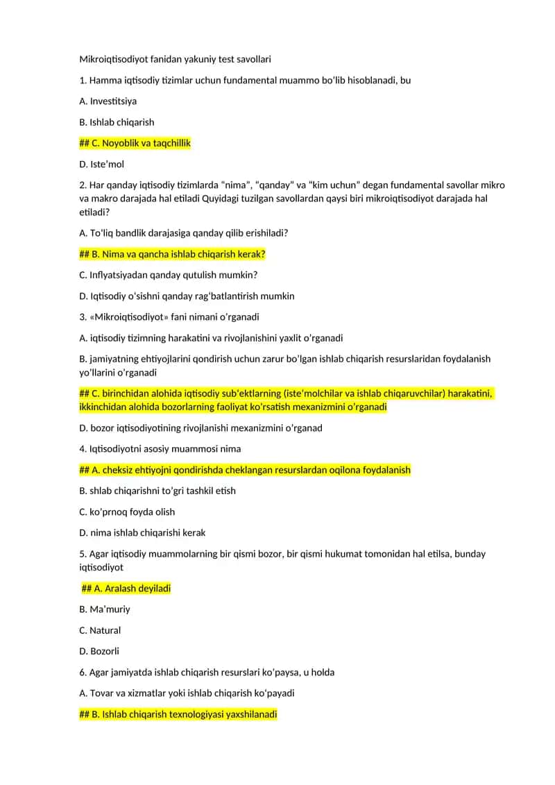Mikroiqtisodiyot fanidan yakuniy test savollari 1