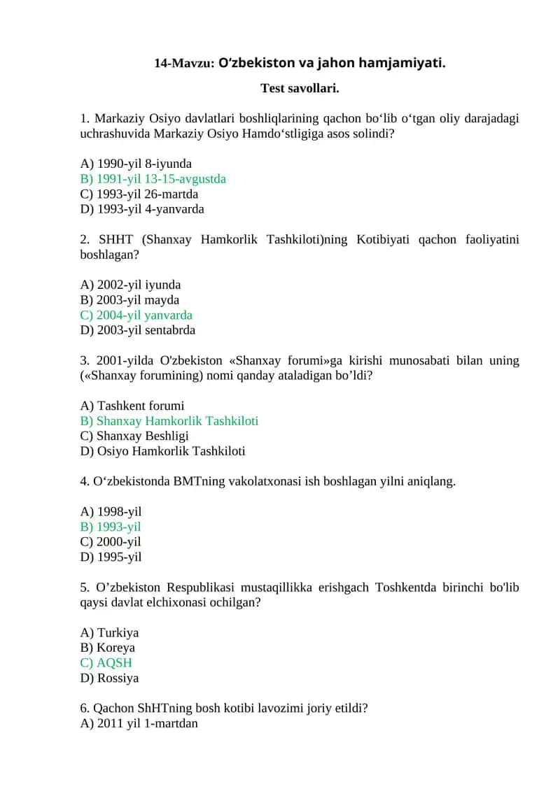 O‘zbekiston va jahon hamjamiyati Test savollari 1